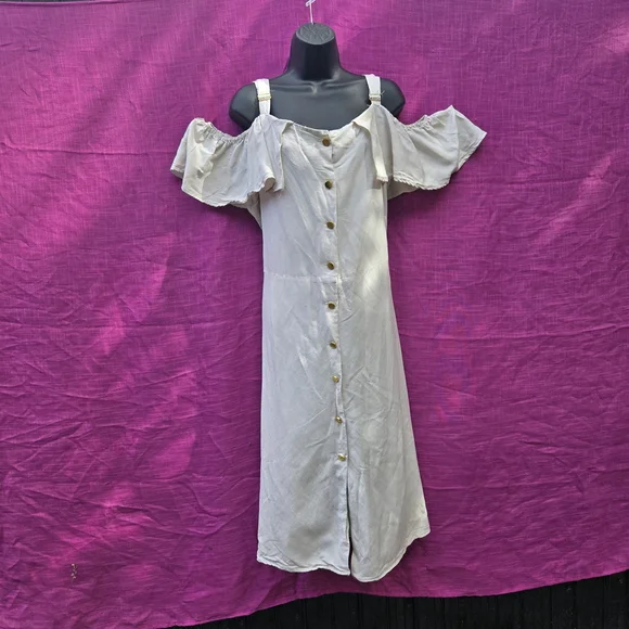 LINEN Ashley Stewart White Cold Shoulder Midi Dress - Picture 4 of 10